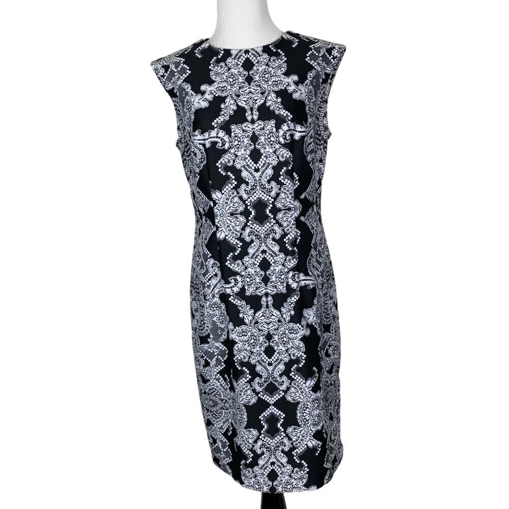R&K Women's Black & White Sleeveless Dress Size 8 career Workwear Shift FLAWED